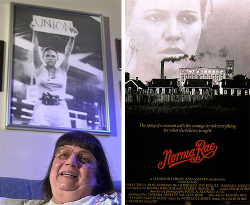 Crystal Lee Jordoan Sutton with a framed poster of Sally Field in Norma Rae