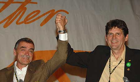 Larry Brown (left) and James Clancy (right) at the 2010 Triennial Convention of the National Union of Public and General Employees (NUPGE) in Vancouver.