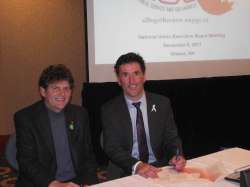 NUPGE President James Clancy and Paul Dewar, NDP Leadership candidate and Ottawa Centre MP signing the All Together Now! campaign proclamation