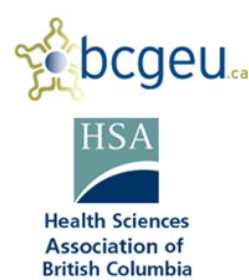 B.C. governemtn and Service Employees Union (BCGEU/NUPGE) logo sits above the HSABC logo (Health Sciences Association of B.C.)