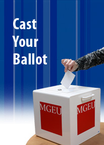 Cast your ballot with a hand putting a ballot into a MGEU ballot box