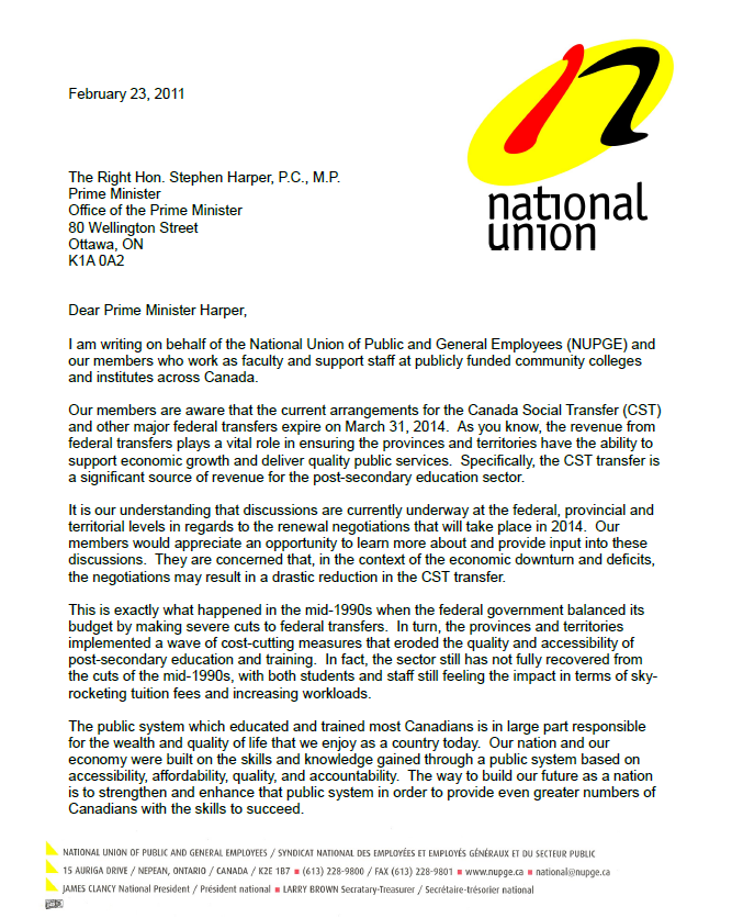NUPGE logo letter to PM cuts to Canada Social Transfer