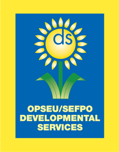 OPSEU Developmental Services logo with yellow border, blue box inside with yellow sunflower
