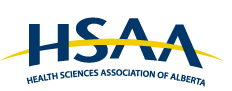 logo for the Health Sciences Association of Alberta (HSAA on top in blue with yellow streak running through and name below)