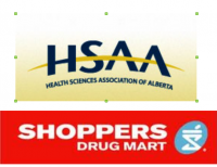Health Sciences Association of Alberta logo above Shoppers Drug Mart logo