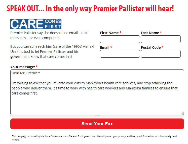 form to fill out to send fax to Brian Pallister about health care cuts