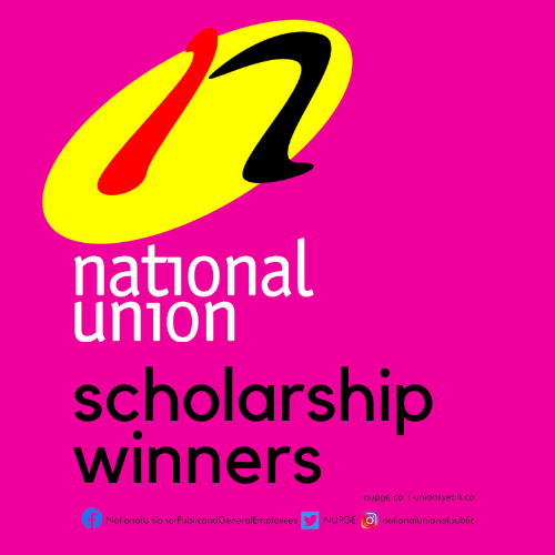 NUPGE logo with scholarship winners in black font on pink background