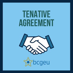 Poster saying Tentative Agreement with shaking hands and the BCGEU logo below